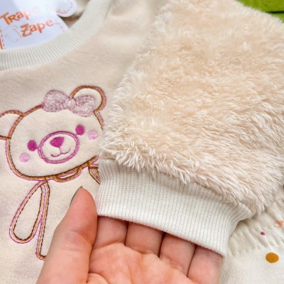 Conj. Casaco Ursinha de Pelinho e Calça Legging Confetes - Creme